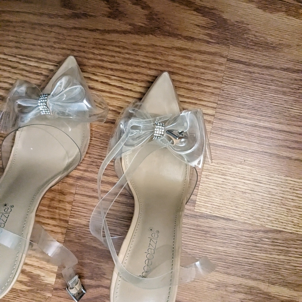 Clear Bow Pointed-Toe Kitten Heel Sandals - , Nude/Clear